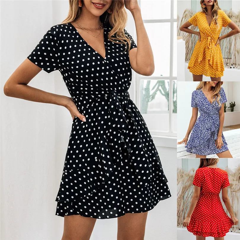 New Women Fashion Summer Casual Daily Loose Dot Printing Short Sleeve Sexy V Neck Mini Dress Evening Party Dress #4A24 (1)