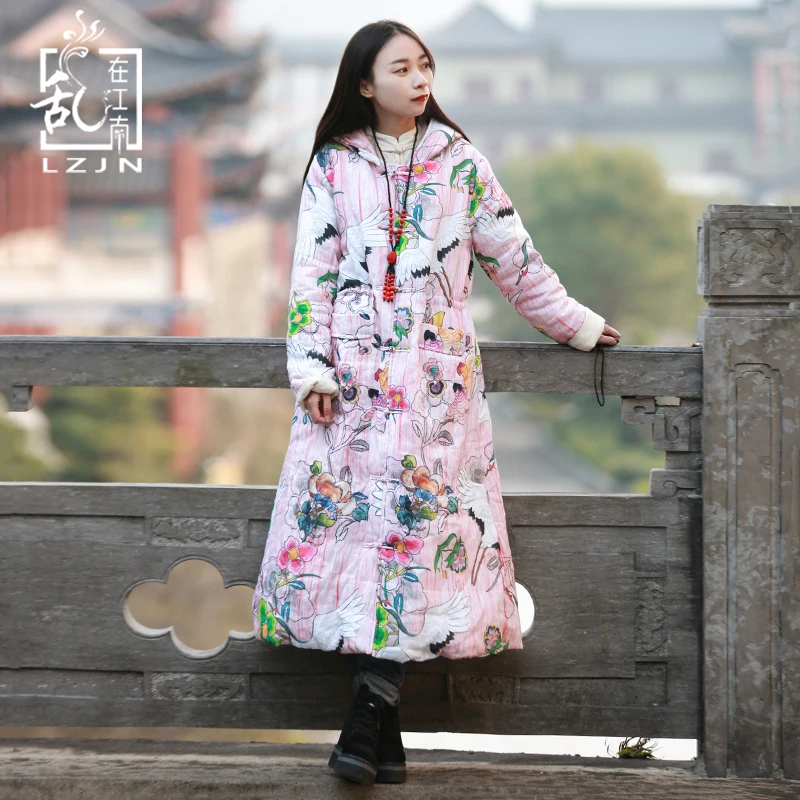 

LZJN Long Warm Winter Coat Women Pink Parka Ethnic Chinese Quilted Jacket Crane Print Hooded Outwear with Belt Drawstring Coat