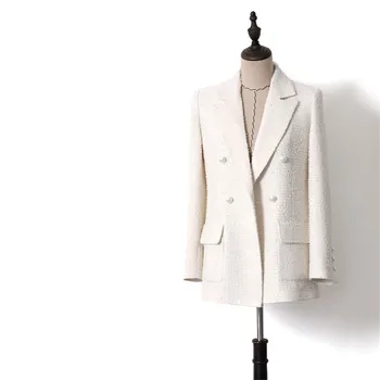 

Korean Elegant Slim Coat Women 2019 Autumn Winter Long Sleeve White Double-breasted Wool Coat Medium Long abrigo mujer