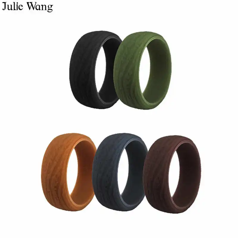 

Julie Wang 5PCS 8.7mm Wood Grain Silicone Men Ring Mixed 5 Colors Fashion Party Sports Wedding Party Gift Cocktail Rings