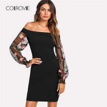 COLROVIE вышитые сетки Bardot с открытыми плечами 2018 Новый длинным рукавом сексуальное облегающее платье весенние цветочные вечерние Женское платье