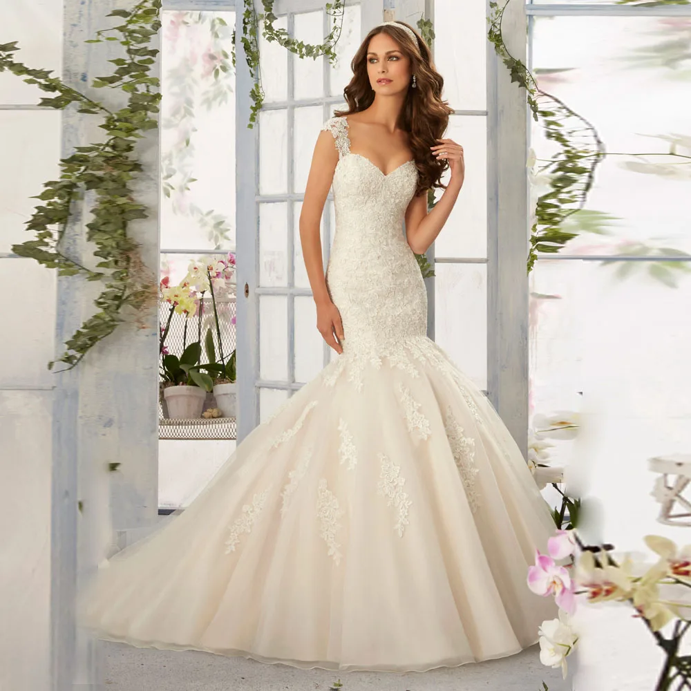 Sexy Custom Made Mermaid Appliques Cap Sleeve Wedding Dresses Lace