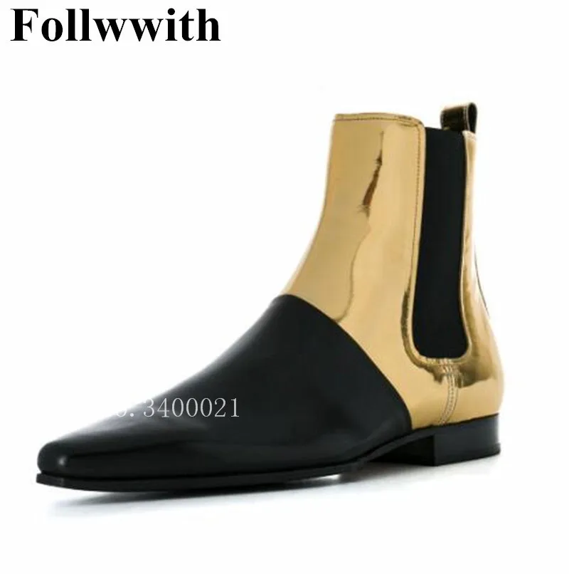 

2018 New Arrival Genuine Leather Patchwork Gold Metallic Leather Elastic Band Men Ankle Boots Flats Slip On Fashion Men Shoes