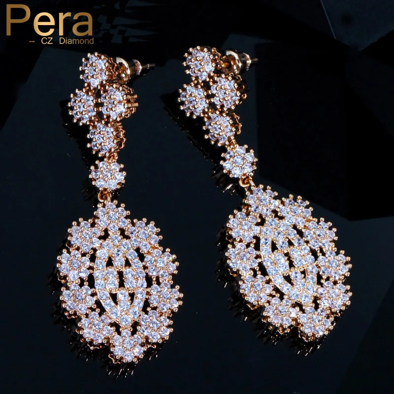 

Pera Elegant African Women Yellow Gold Color Big Dangle Flower Long Drop AAA+ Cubic Zirconia Earring For Prom Party Jewelry E191