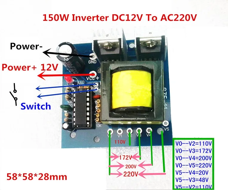 150 Вт мини-инвертор DC12V до AC220V Аккумулятор для хранения Батарея повышающий трансформатор