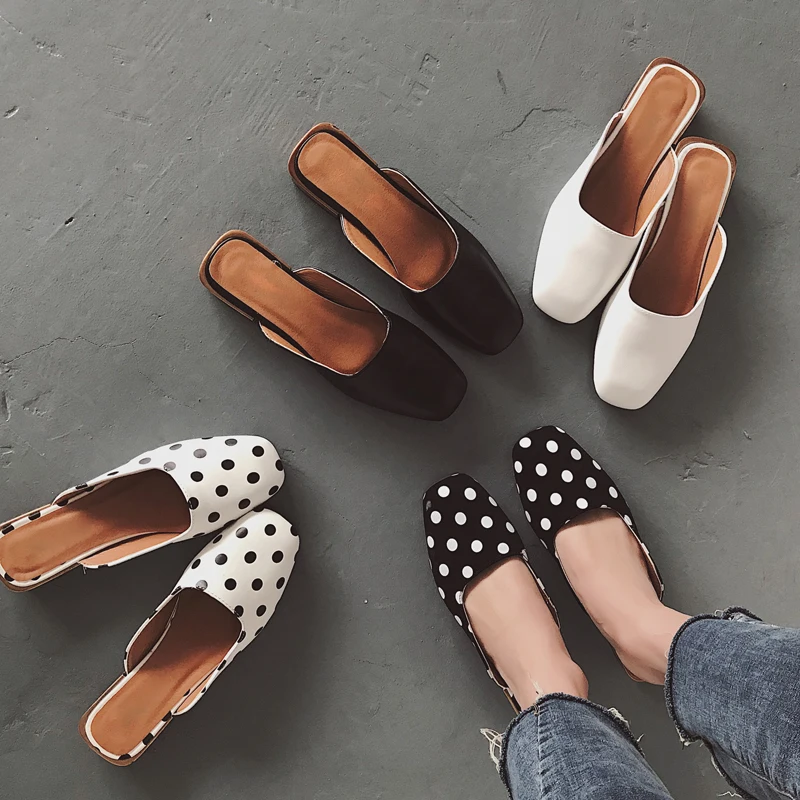 

2019 New Spring Summer Mules Slip-On Square Toe Slippers Women Polka Dot Low Heels Ladies Casual Simple Flat Shoes XWT1541