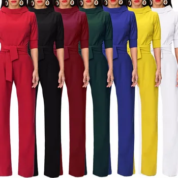 

Women Fashion Long Jumpsuits Stand Collar Half Sleeve Wide Leg Bodysuit Jumpsuit Solid Macacao Feminino Playsuit Rompers S-XXL