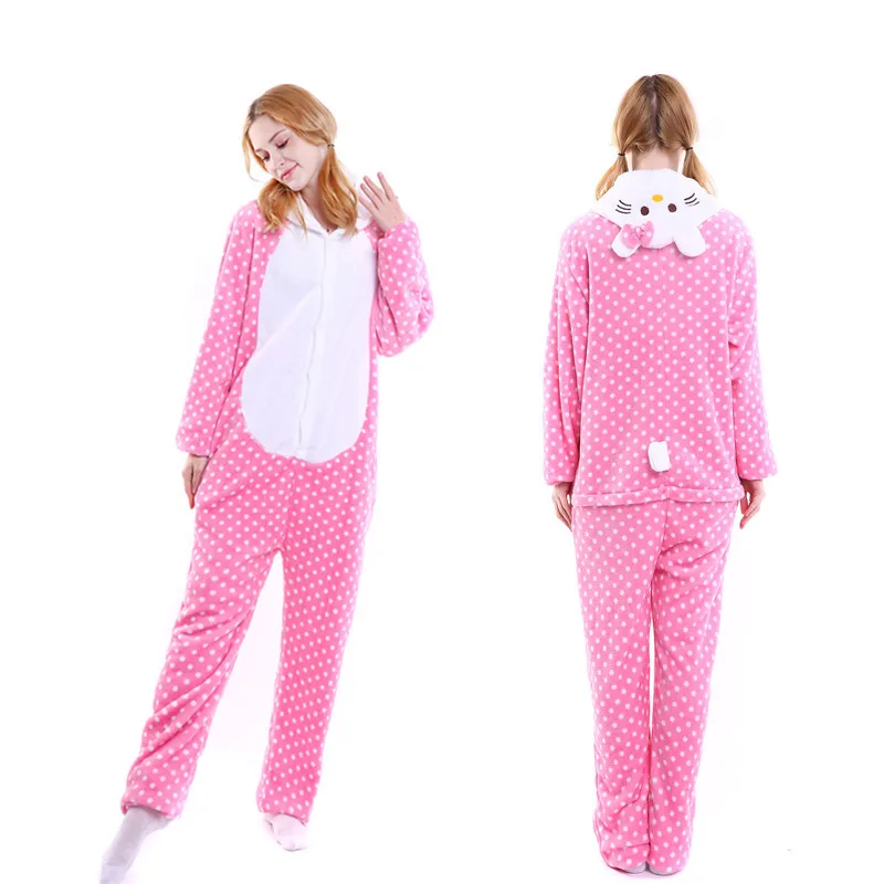 

Adults Pajamas Women Flannel Sleepwear Unisex Cute Bow Cat Cartoon Animal Pajama Set Hooded Pyjamas Kigurumi