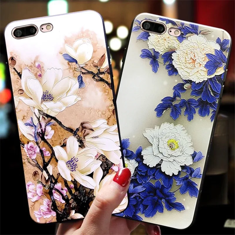 IIOZO 3D Рельефный цветочный чехол для телефона iPhone 8 7 6 6s Plus Lotus Rose Цветочный мягкие