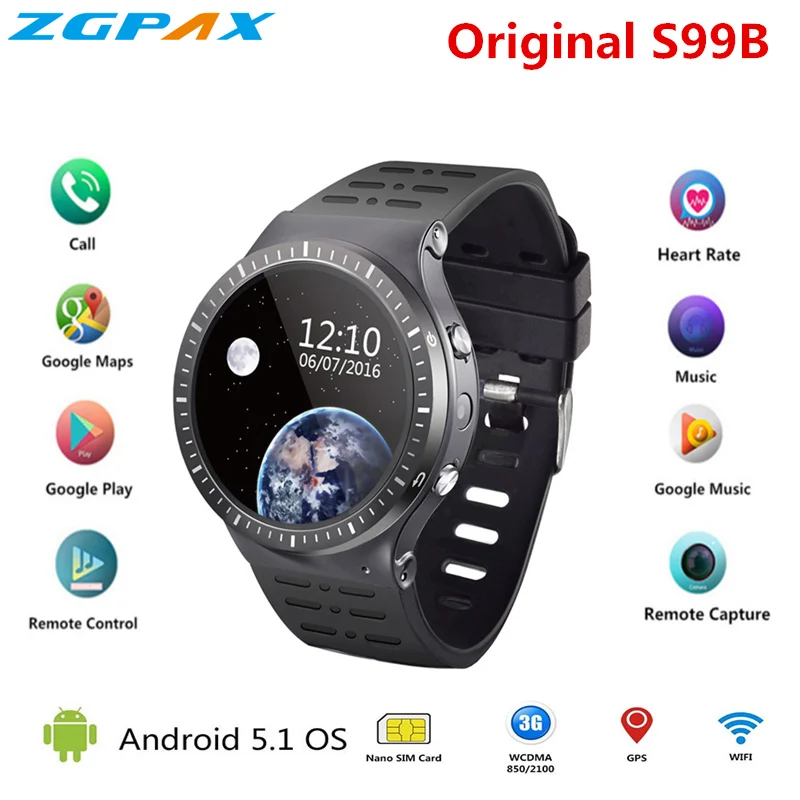 

ZGPAX S99B MTK6580 Quad Core Smart Watch 512MB+8GB GPS WIFI smartwatch with 2.0 HD high camera for apple android phone pk S99C