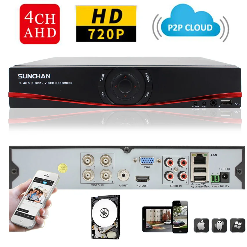  SUNCHAN HD 1080P HDMI Output CCTV Digital Video Recorder 4CH 4Channel DVR NVR HVR Video Surveillance System 1TB Preinstalled 