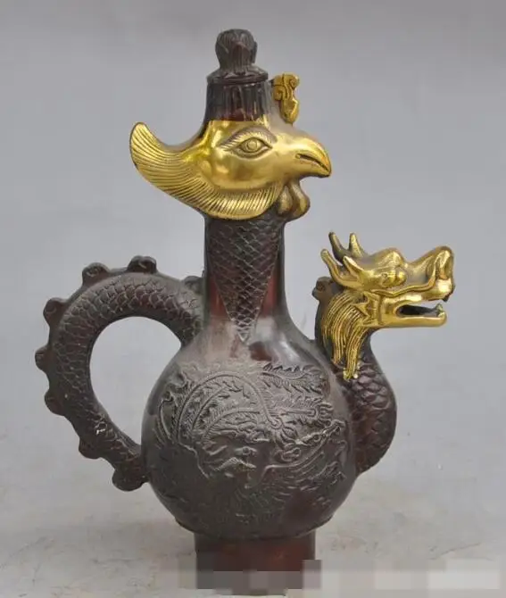 

S00853 8" Marked Chinese bronze gilt dragon phoenix d statue Wine Tea Pot Flagon (A0321)