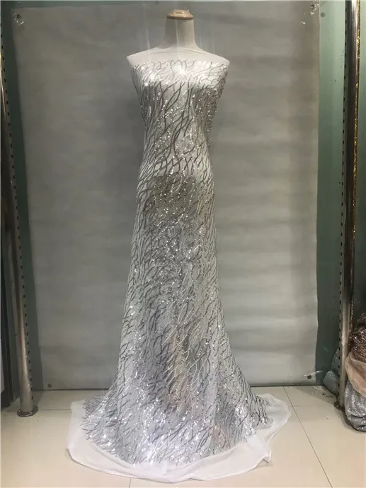 

2018 Lace Fabric Red French Mesh Lace High Quality Nigerian Tulle With Sequins African Net Women Dress 5yard/lot silver blue