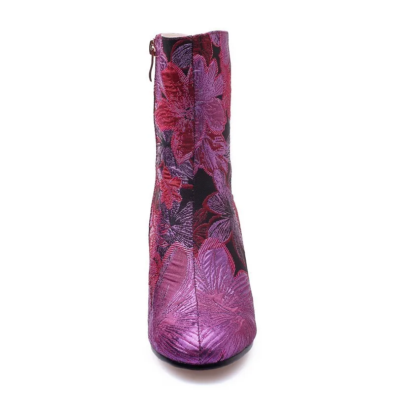 Шелковые женские ботильоны; сезон осень-зима; женская модная обувь на высоком толстом каблуке с цветочным принтом; женские полусапожки золотого, фиолетового, розового и красного цветов; A277