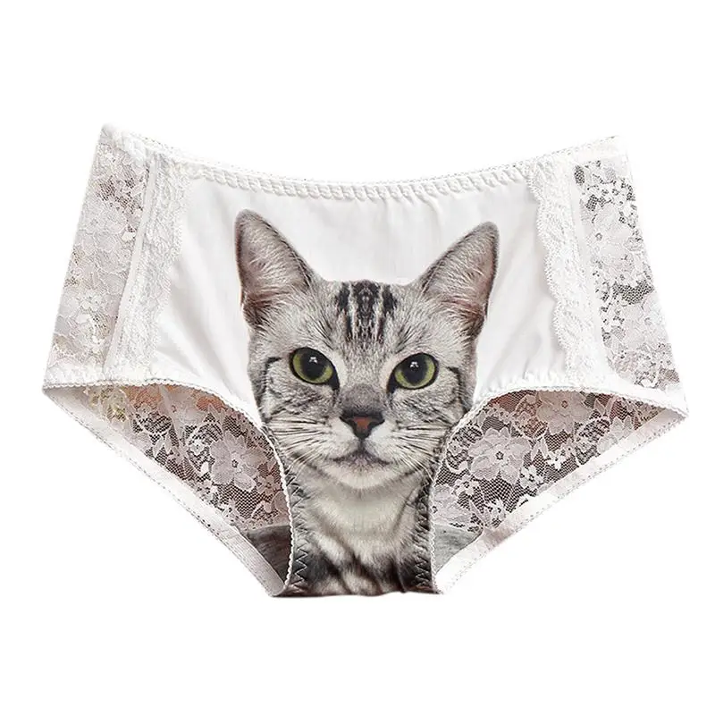 

Yfashion Women Cartoon 4D Cat Printing Lace Triangle Underpants Sexy Middle Waist Briefs