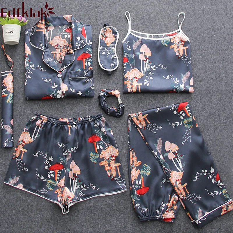  Fdfklak Autumn 2019 New 7 Pcs Sleepwear Summer Pyjamas Women Pajamas Set Pijama Sexy Silk Floral Sl