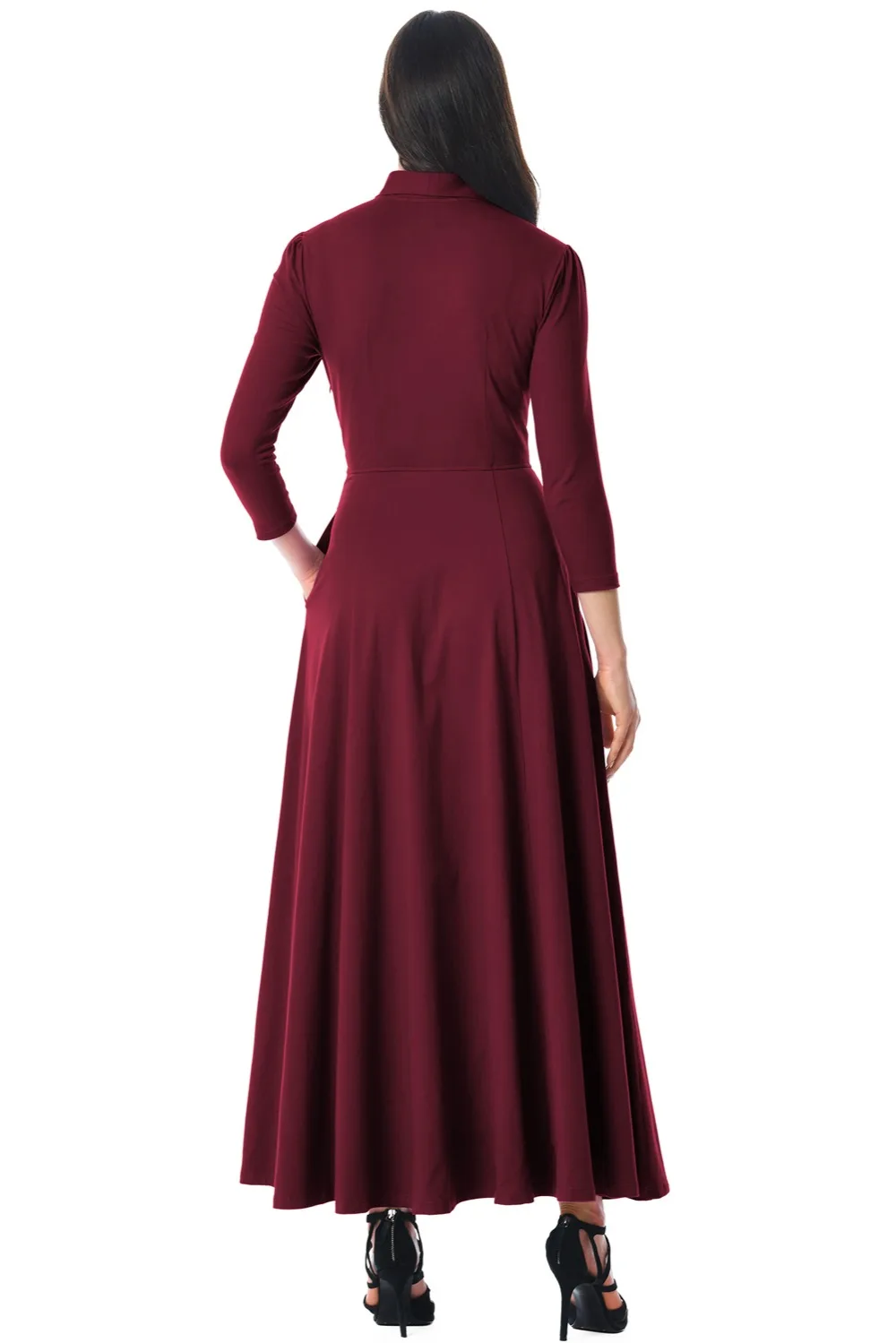 Burgundy-Pocketed-3-4-Sleeves-Tie-Neck-Maxi-Dress-LC610398-3-2