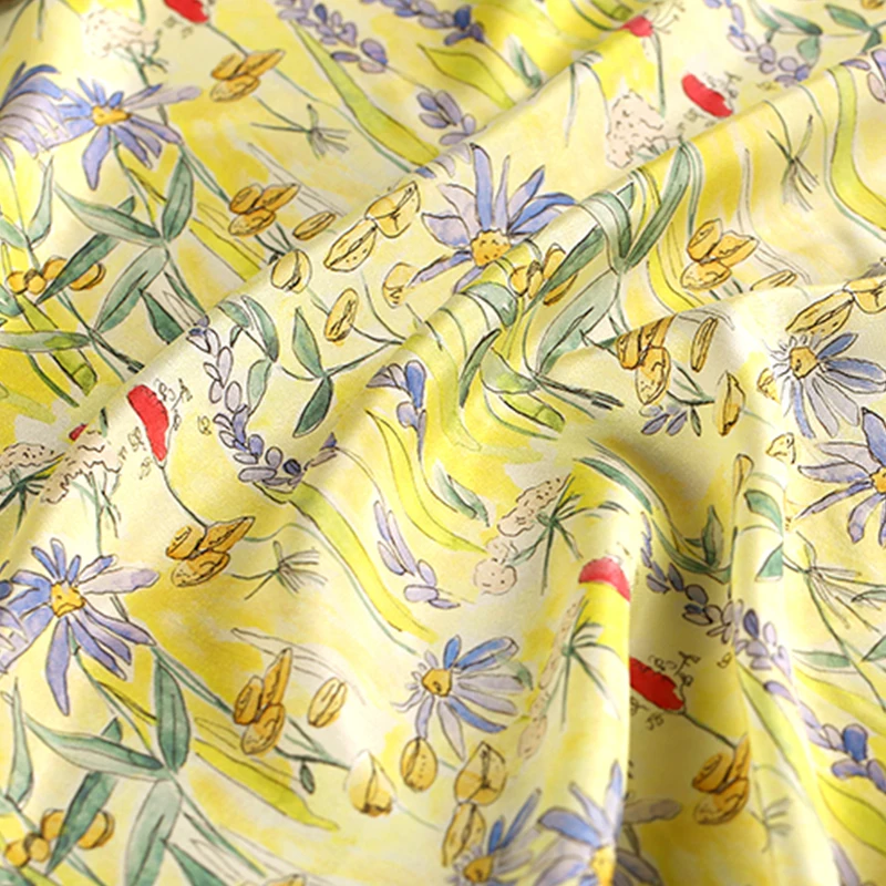 

110cm Width 16mm Daisy Print Yellow 100% Mulberry Silk Crepe de Chine Fabric for Woman Summer Dresses Blouse Sewing DIY-AF652