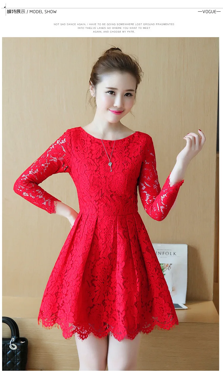 Лето Осень кружевное платье корейский Мори девушка мини Vestidos Женщины с длинным рукавом темперамент Красное Кружевное платье черный, розовый, синий QC42