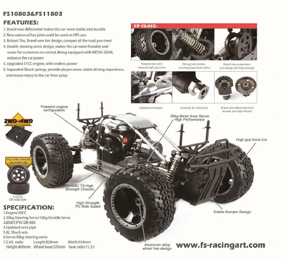 Realts Бесплатная доставка FS Гонки 11803 новая версия 1/5 масштаб 30cc газовый двигатель 4WD Monster Truck, 2.4 г радио