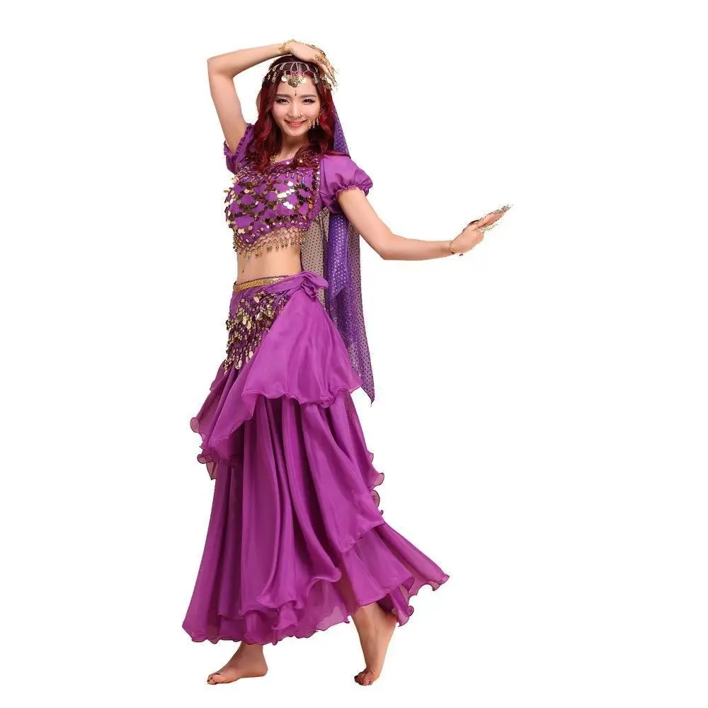 4PCS Shiny Bells Top 3 Layers Skirt Belly Dance Costume Set Veil +Top