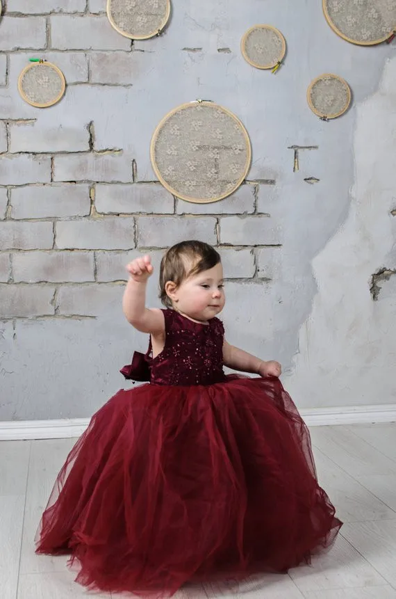 Бордовое Тюлевое платье с цветочным узором для девочек, с большим бантом, пушистые Бальные платья для милых малышей, на заказ, Детские праздничные платья на день рождения с открытой спиной
