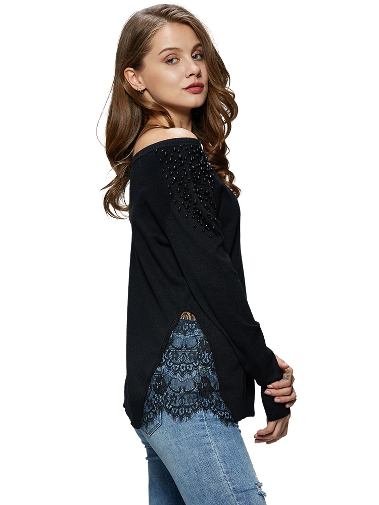 GLO-STORY 2018 Fashion Women Off-Shoulder Solid Pullover Sweater Beading Lace Open Hem Sexy Female Knitted Tops WMY-4972 GLO-STORY 2018 Fashion Women Off-Shoulder Solid Pullover Sweater Beading Lace Open Hem Sexy Female Knitted Tops WMY-4972