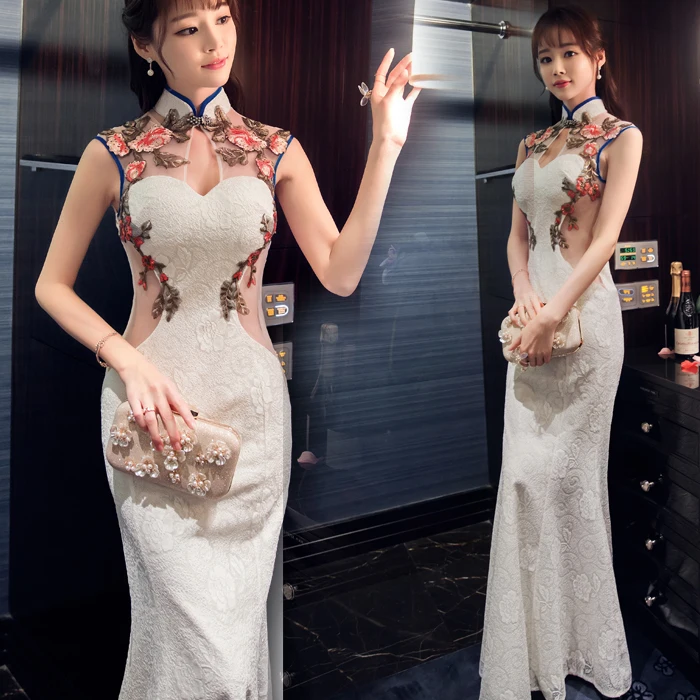 Модное белое кружевное женское Элегантное Длинное платье Cheongsam с цветами в винтажном стиле 1930s сценическое шоу Qipao сексуальное платье русалки вечерние платья S-XXL