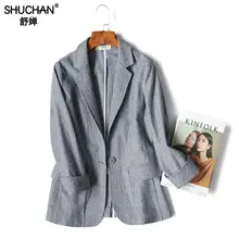 Shuchan 45% хлопок+ 20% Лен приталенный полосатый Женский пиджак женские блейзеры и жакеты на одной пуговице с зазубриной стиль X-6003