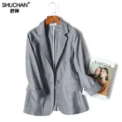 Shuchan 45% хлопок + 20% Лен установлены полосатый женский пиджак Для женщин Пиджаки и жакеты один на пуговицах, с разрезом 2019 новый стиль X-6003
