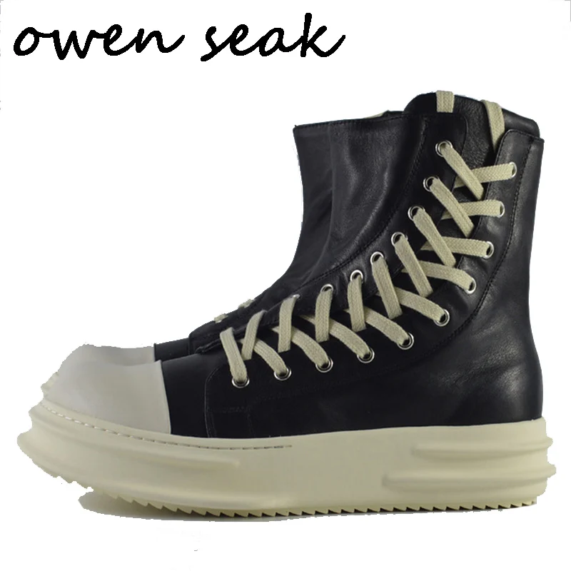 

2018 New Owen Seak Men Shoes High-TOP Ankle Boots Genuine Leather Sneaker Luxury Trainers Casual Lace-up Zip Flat Black Shoes
