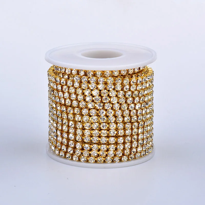 JUNAO SS6 8 10 12 16 18 Стекло Стразы ab Crystal цепи серебристого металла отделка стразами лента деревообрабатывающее кантовальное аппликация из страз для поделок - Цвет: Gold Clear Stones