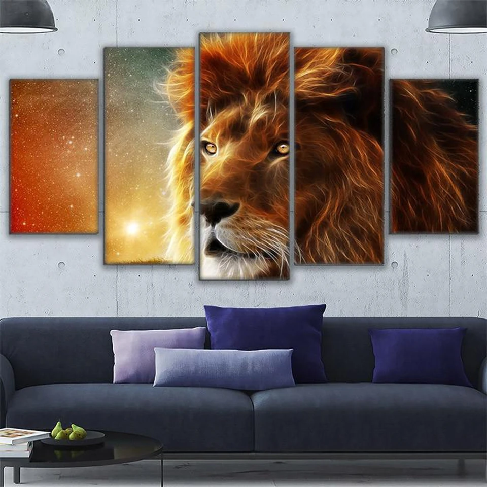 

Modular Canvas HD Prints Poster Home Decor Living Room 5 Pieces Mystic Lion Painting Abstract Animal Pictures Wall Art Framework