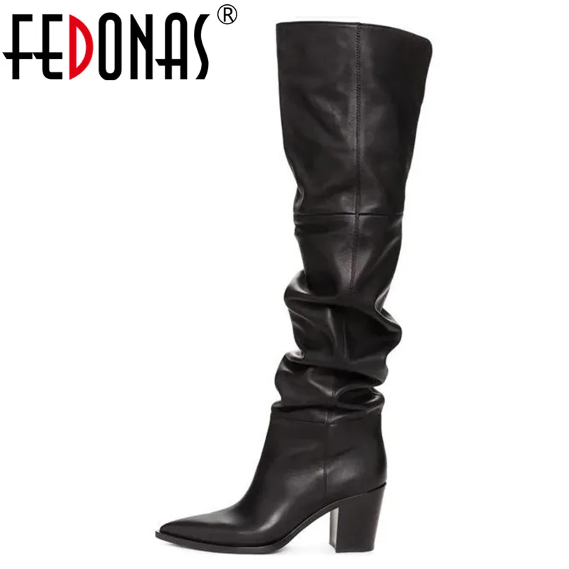 FEDONAS/сезон весна-осень; женские ботфорты в стиле панк с острым носком на квадратном каблуке; Брендовая обувь для вечеринок из натуральной кожи; женская обувь на высоком каблуке