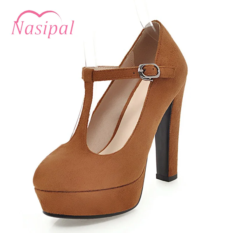 

Nasipal Vogue Retro Thick High Heels Round Toe Women Pumps Ladies T-strap Platform Shoes Black Yellow Beige Big Size 34-43 C326