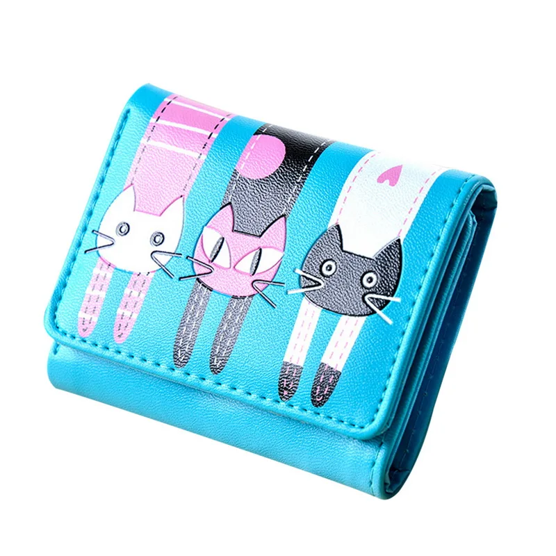 Женский мультипликационный бумажник с кошками, короткий кошелек для монет, мини кошелек, Женский кошелек на застежке, на молнии, принт с животными, сумка для девочек, клатч из искусственной кожи