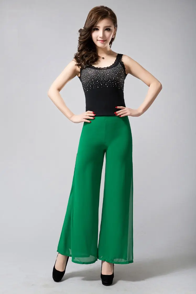 High Quality Solid Chiffon Double deck Long Pants Women's Dance Trousers Cross Pants Plus Size 5XL OL Casual Wide Leg Pants