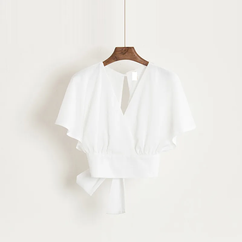 2019 New Summer V-neck Shirts Backless Bowtie Lace Up Chiffon Blouses High Waist Short Batwing Sleeved Sexy Tank Tops W70