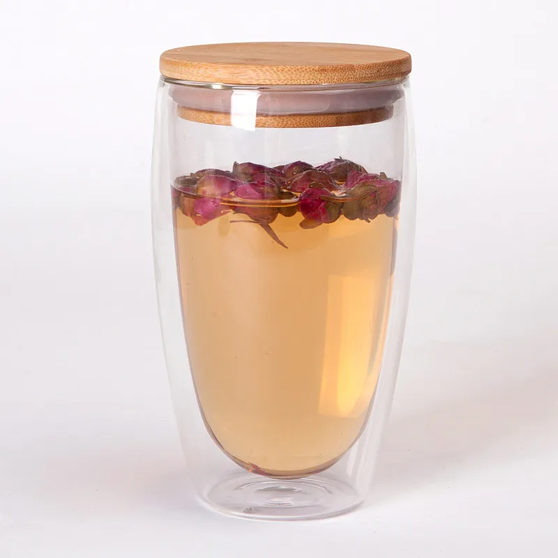 Двойная стеклянная чашка кофейные кружки чайная чашка прозрачные термостойкие стеклянные чашки с бамбуковой изоляционной крышкой креативная