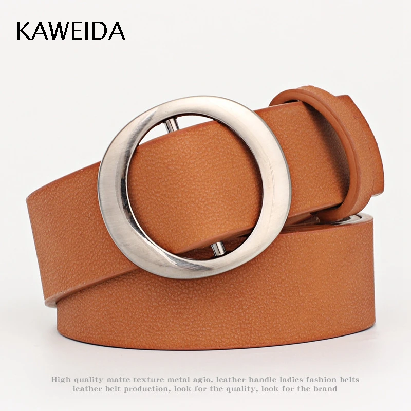 

KAWEIDA Designer Belts High Quality Women Fashion 2018 New Ladies Silver Circle NO Buckle PU Leather Waist Belt for Jeans Riem