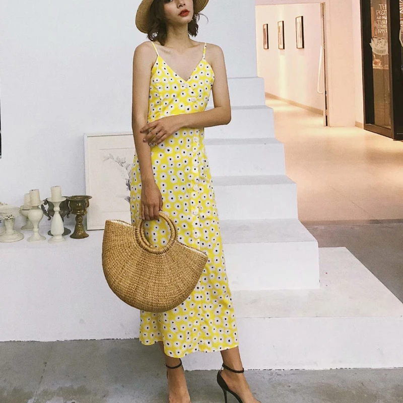

Vintage French Style Summer Spaghetti Strap 2 Colors Daisy Printed Ankle-length A-line Dress Chiffon Summer Sexy V-neck Dress