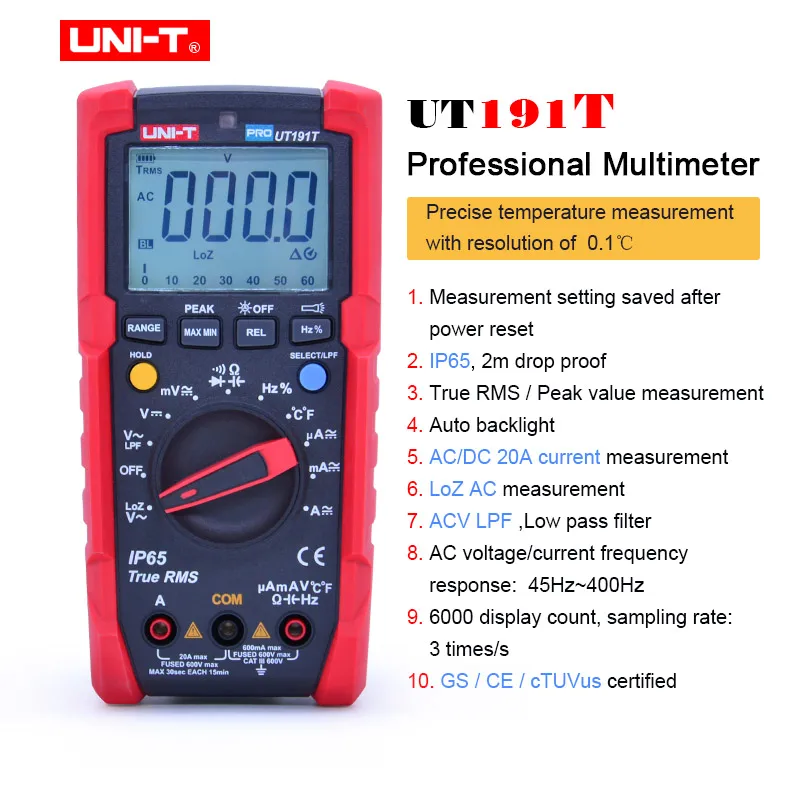 Профессиональный цифровой мультиметр UNI-T UT191E/UT191T True RMS AC DC Напряжение Ток Ом тестер, IP65 Водонепроницаемый/пылезащитный, ACV LPF - Цвет: UT191T