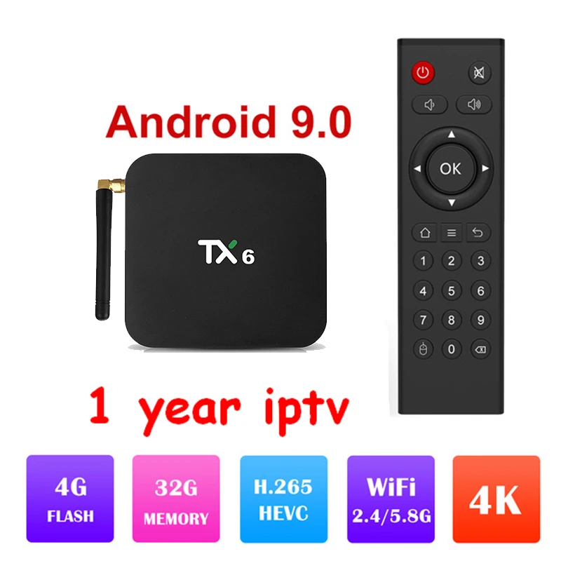 

Android 9.0 1 year iptv+TX6 Allwiner H6 tv box 4GB+32GB/64GB 4K H.265 5/2.4G Wifi BT4.1 iptv subscription Smart set top tv box