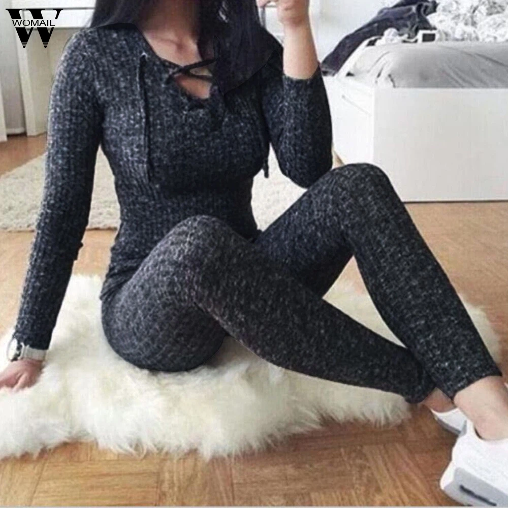

Womail bodysuit Women Summer Casual Skinny V-Neck Bandge Long Sleeve Solid Long Jumpsuit Plausuit Fashion 2019 dropship M1