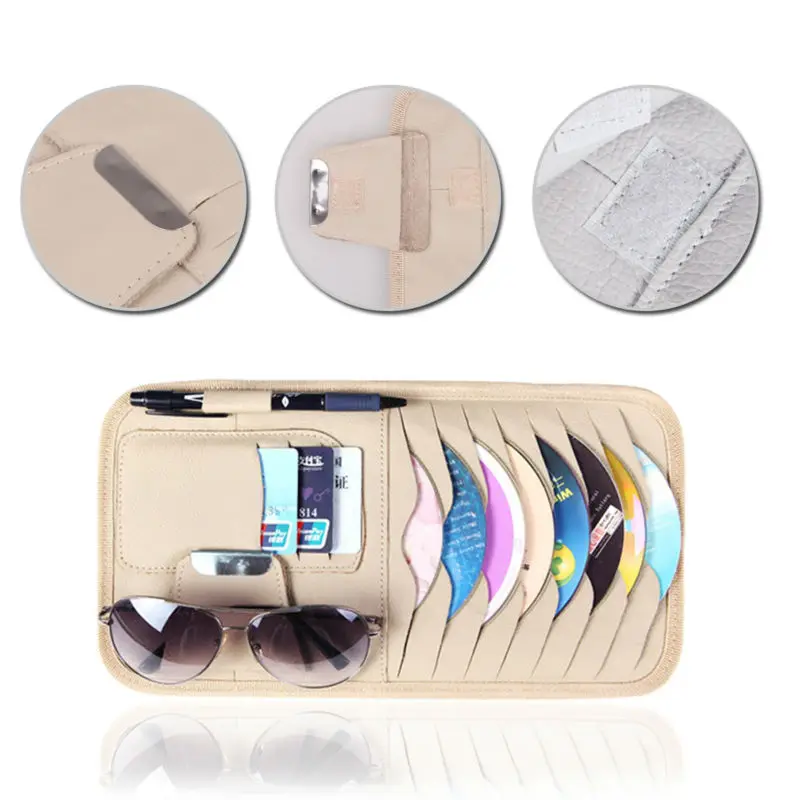 Car CD DVD Holder Disc PU Leather Storage Case Sunglasses Card Organizer Sun Visor Sunshade Sleeve Wallet Clips