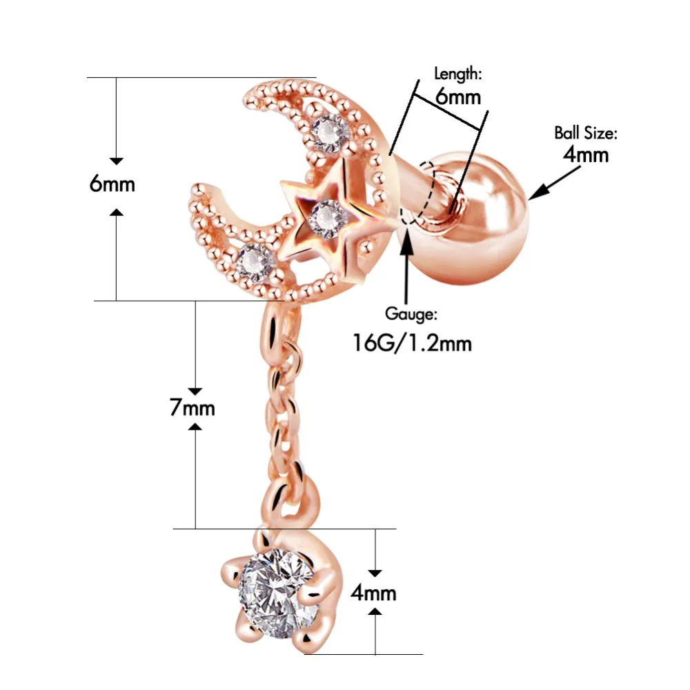 Тела панк 16 г серьги, Надеваемые На Ушной Хрящ Пирсинг из нержавеющей стали Луна Звезда с CZ, висящие сережки спираль Tragus шпильки для женщин девушек