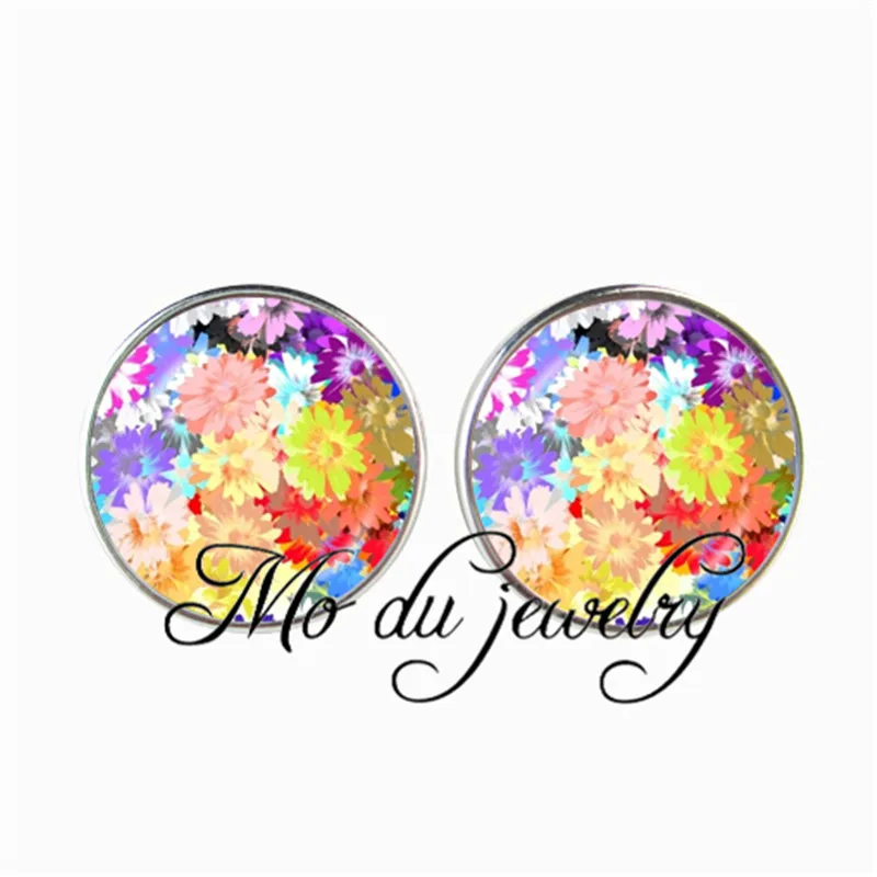 

Vintage Art Flowers Picture Earrings For Women Red Yellow Blue Flower Stud Earrings Jewelry Silver Plated Glass Cabochon Earing