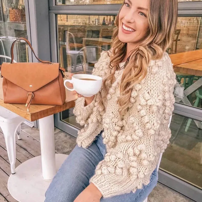 

Autumn Winter Women Casual Sweater Hairball Knitted Cardigan O-neck Long Sleeve Pink Cardigan Cute Sweaters