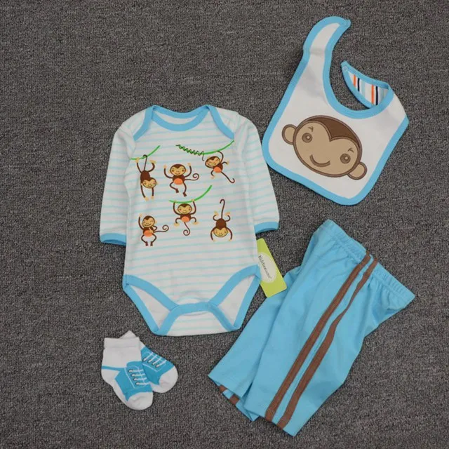 Комплекты одежды для маленьких мальчиков из 4 предметов, демисезонный комбинезон для младенцев мальчиков девочек+ штаны+ нагрудник+ носки, наряды комплект костюм - Цвет: baby clothes set 74