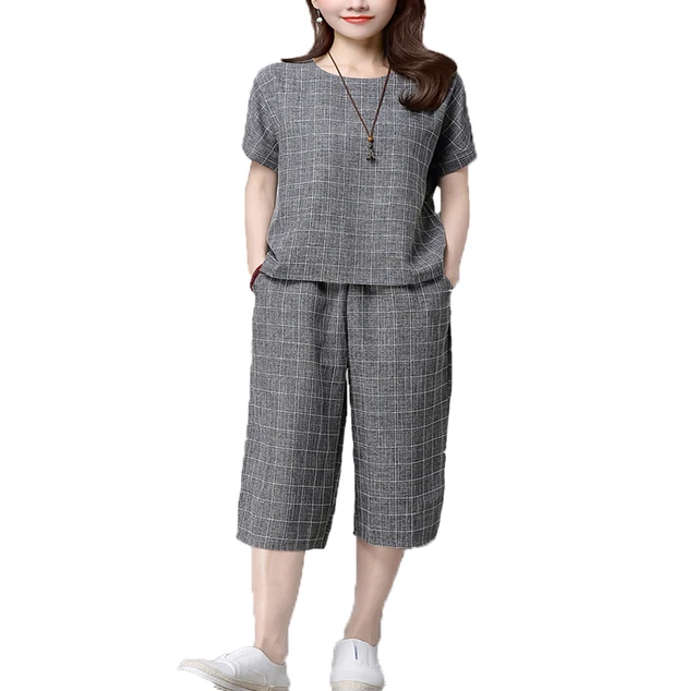 Women 2 Piece Sets Summer Casual Tops And Loose Straight Calf length